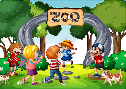 与许多孩子的动物园入口门场面团体毛皮女孩男孩们童年草地生物行动插图青年图片