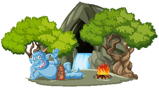 小妖精或巨魔躺在石洞前 树卡通风格与白色背景隔离图片