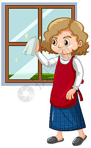 白色背景上用布清洁窗户的女孩图片