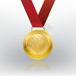 逼真的 3d 冠军金牌与红丝带矢量它制作图案质量金属标签挑战竞赛成就青铜插图花圈勋章图片