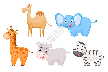 一套卡通风格的非洲动物 儿童卡片的可爱动物角色婴儿送礼会生日邀请室内装饰 明亮的彩色幼稚矢量图插画