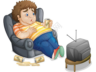 肥胖人下巴卡通片血丝中年眼睛扶手椅男人啤酒观众电视图片