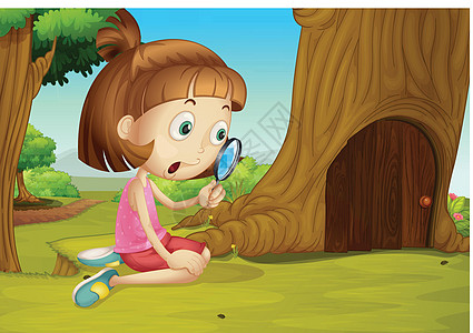 女孩带放大镜检查孩子想像力卡通片树木探索童话玻璃侦探衣服图片