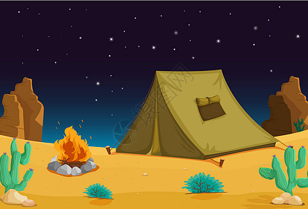 夜间露营石头营火天空银河系沙漠睡眠星尘帐篷插图火焰背景图片