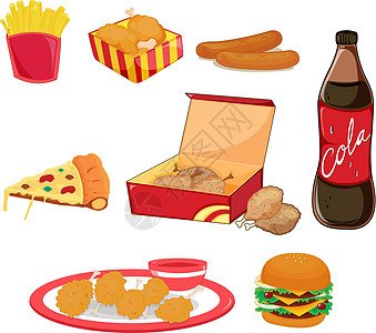 垃圾食品脂肪插图盒子苏打小吃热狗活力薯条垃圾收藏高清图片