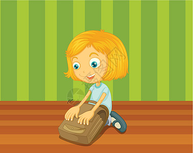 准备上学木头瞳孔儿童女性背包学校插图学生女孩挎包图片