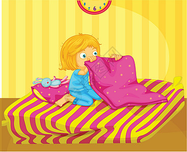 醒着的女孩睡衣卡通片卧室铺床蓝色孩子青少年房间女性绘画图片