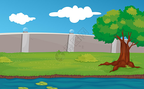 空荡荡的公园场景场地栅栏软垫学校卡通片草地树干后院植物花园图片