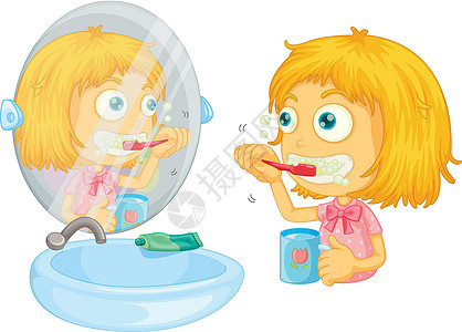 它制作图案的儿童反射金发女郎插图肥皂牙膏行动镜子孩子们牙齿刷子图片