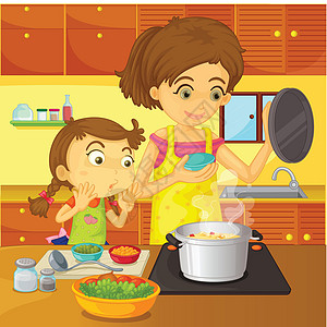 在家帮忙厨房橱柜家务卡通片帮助母亲蔬菜围裙家庭女儿图片