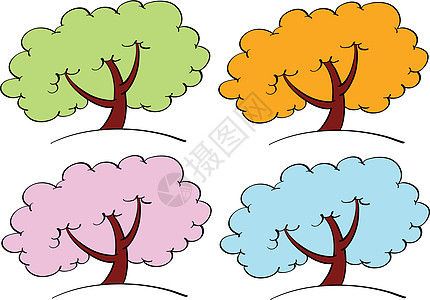 四季树树干漩涡树木土壤绘画卡通片曲线树叶草图季节性图片
