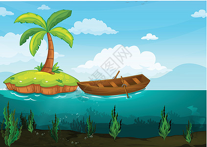 棕榈树和划艇木头草图天空植物材料蓝色空格处热带海藻运输图片