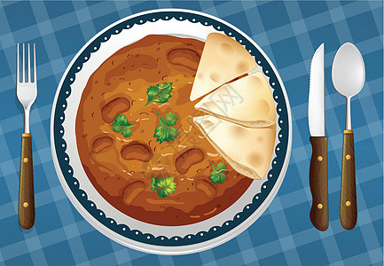 一个食物和一个dis餐具背景午餐盘子蓝色用餐营养面粉炊具豆子图片