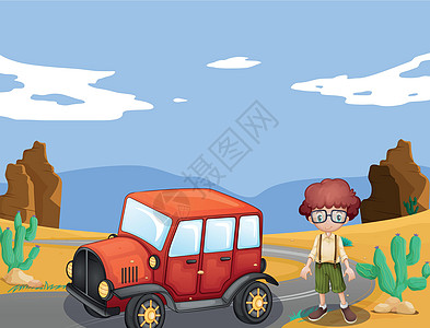 自然界中的吉普车和男孩男性山脉荒野街道植物汽车风景荒地绘画天空图片