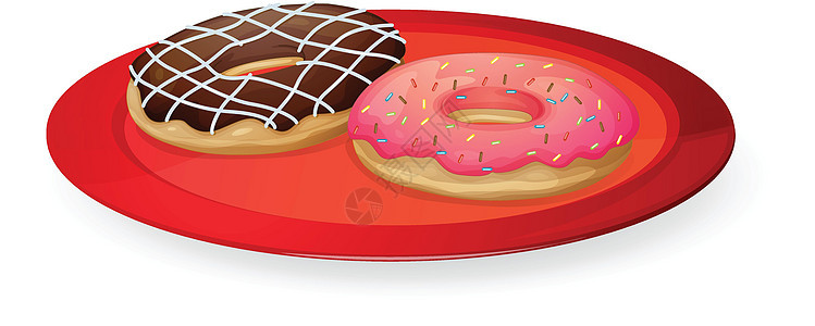 红盘中的甜甜圈巧克力奶油草图绘画用餐食物育肥饮食艺术品营养图片