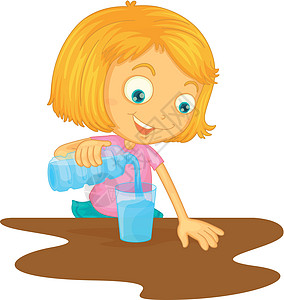 一个女孩往玻璃杯里倒水女士金色果汁头发液体女性女孩桌子草图空格处图片