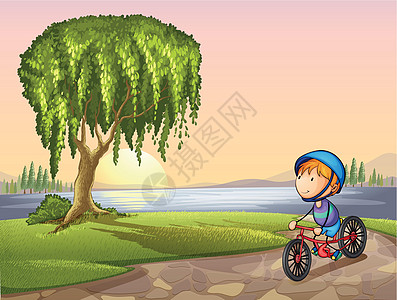 男孩在公园里骑术场景小路头盔场地支撑海岸溪流植物海滩图片