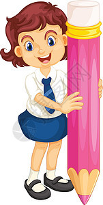 铅笔的女孩领带裙子孩子们孩子女士粉色卡通片绘画学校蓝色图片