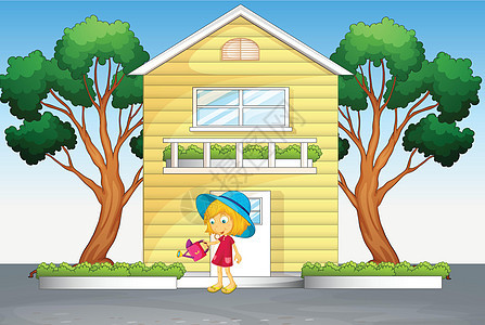 房子和女孩卡通片庇护所花园蓝色草图阴影农场帽子材料树木图片