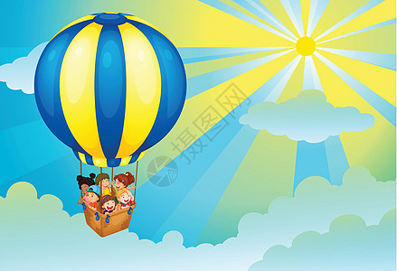孩子们在热气球蓝色绘画男人男生女孩太阳光线天空女性航班图片
