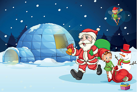圣诞老人和孩子玩物草图树木女孩绘画男人飞行帽子男生窗户图片