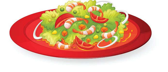 红盘大虾沙拉盘子卡通片草图水果用餐蔬菜玉米早餐食物营养图片