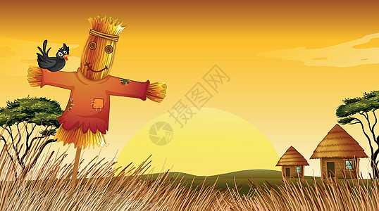 一个男人雕像和远处植物风景房子小屋场地国家太阳农舍自然射线图片
