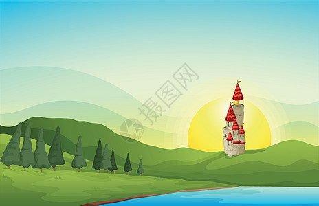 建筑物阳光风景蓝色草图城堡绘画农村庇护所场景森林图片