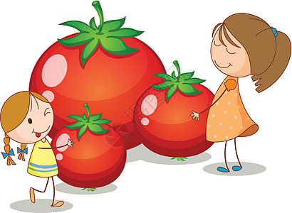女孩和西红柿女士孩子们红色女性女孩们营养水果蔬菜绘画食物图片
