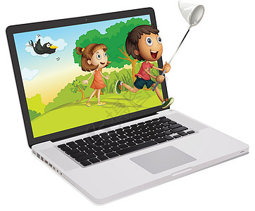 笔记本电脑和孩子天空女性蓝色空格处技术电子产品男生树叶记忆鸟类图片