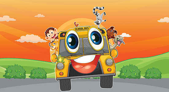 学校里的各种动物绘画英语驾驶橙子运输车辆狐猴草图哺乳动物卡通片图片