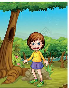 森林哭泣女孩沮丧疼痛悲伤卡通片公园伤害孩子树木黑发插画