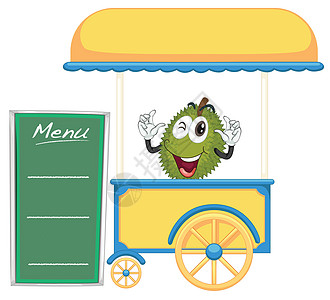 一个手推车摊位和一个菠萝蜜水果食物柜台菜单轮子字母食品木板大排档绘画图片