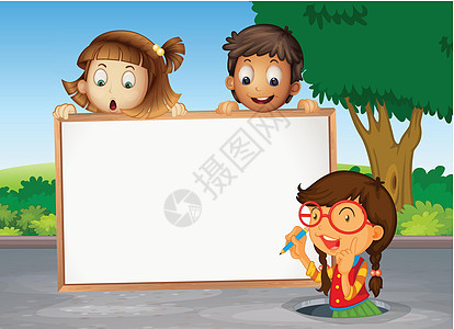 孩子们和白野猪草地女性塞子学习木板天空卡通片标记板花园植物图片