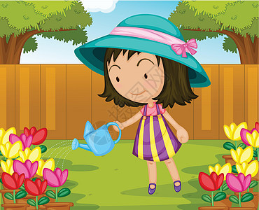 供水草地园艺享受女孩微笑紫色孩子衣服院子女性图片