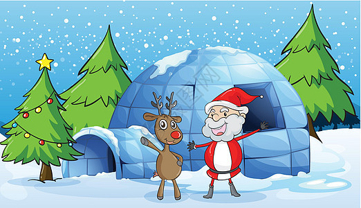 驯鹿和圣诞老人卡通片绘画哺乳动物降雪男人蓝色鼻子野生动物阴影荒野图片