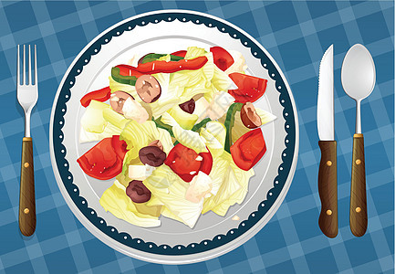 沙拉蔬菜午餐营养用餐服务盘子蓝色餐厅美食绘画图片