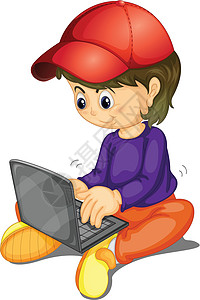 一个女孩和笔记本电脑技术卡通片微笑帽子女孩学校红帽草图享受学生图片