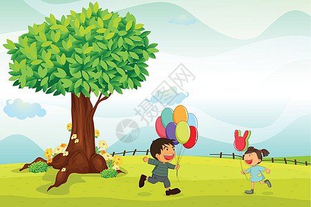 孩子们在户外玩耍男人女士栅栏气球男性跑步卡通片蓝色男生树叶图片