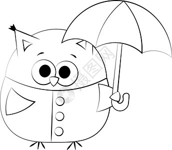 用雨伞在雨衣上用雨伞戴可爱的卡通小猫头鹰 绘制黑白插图图片