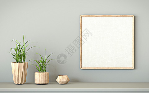 模拟空白木制相框与三个花瓶 3图片