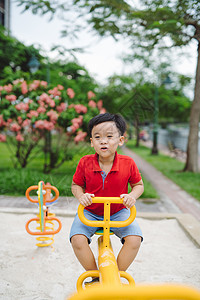 快乐的小男孩在户外的树锯上跷跷板喜悦健康孩子乐趣童年幸福公园操场图片