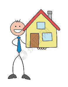 Stickman 商务人士性格快乐 拿着卡通它制作图案销售财产草图顾问涂鸦协议商务住宅顾客房子图片