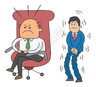 卡通愤怒的老板坐在他的椅子上 害怕的工人在他身后等着 它制作图案男性插图商务工作员工雇主经理办公室艺术男人图片