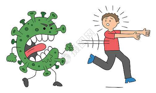 卡通冠状病毒怪物正在追逐它制作图案的人细菌微生物学疫苗科学暴发跑步生物学流感生物男性图片