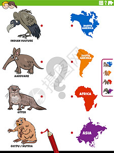 匹配动物物种和大陆教育任务工作簿游戏解决方案幼儿园大洲工作测试对应绘画插图图片