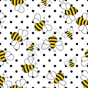 与白色圆点背景上的蜜蜂的无缝模式 小黄蜂 矢量图 可爱的卡通人物 邀请卡纺织面料的模板设计 涂鸦样式翅膀动物乐趣蜂巢养蜂业蜂窝艺图片