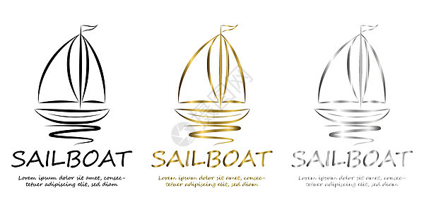 漂浮在水面上的帆船的三色黑金银标志线条艺术矢量图片