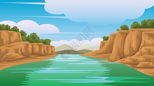 河的视图的例证在旁边是岩石的 背上有山那是天空晴朗气氛明亮的一天图片