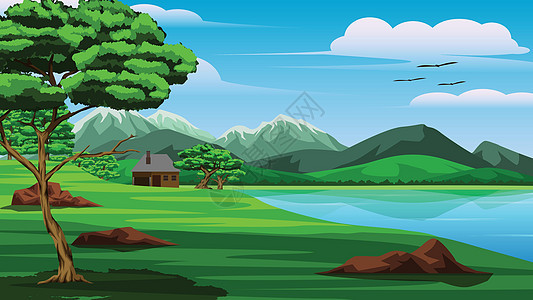 山湖树木草原天空和湖边小房子的插图这是天空晴朗的一天 气氛明亮图片